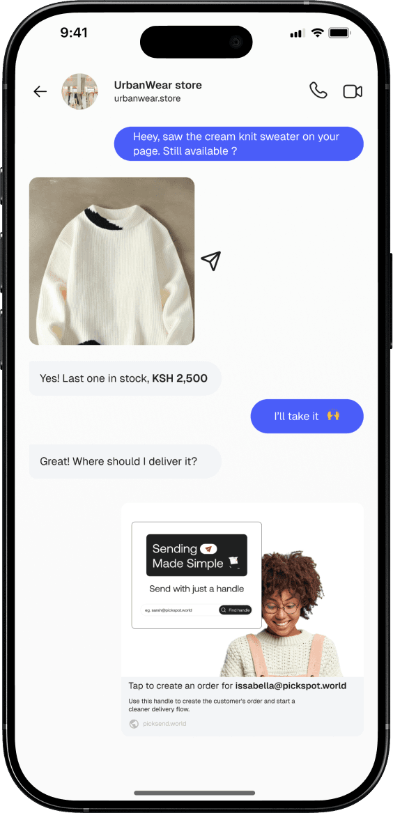 Instagram chat on a phone showing a customer sharing their PickSpot for delivery