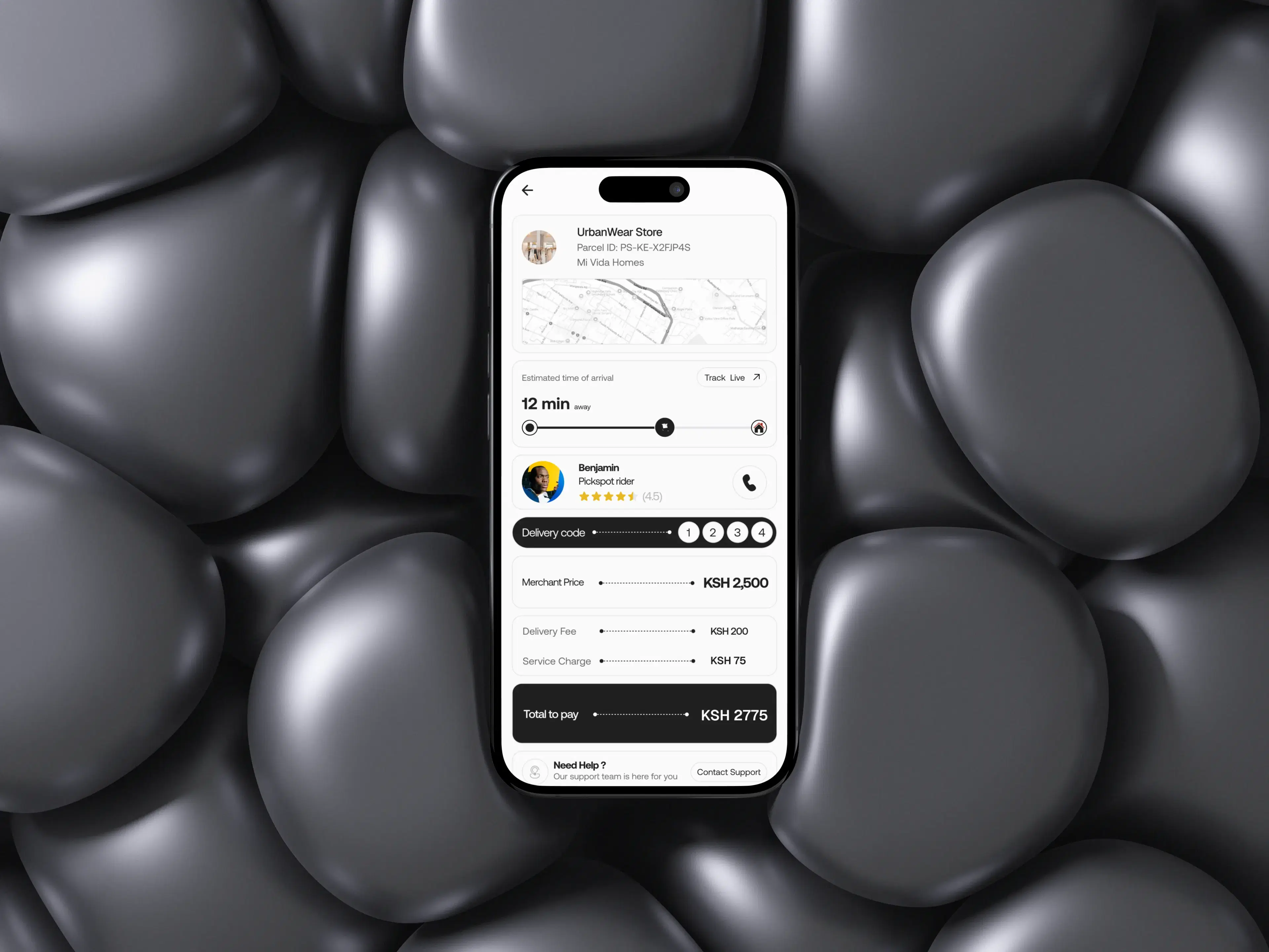 The PickSpot order screen showing price breakdown, live tracking and delivery code